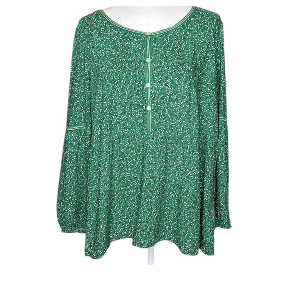 Max Studio Green Floral, Long Sleeve Flowy Top with Ribbon Trim, Sz 1X